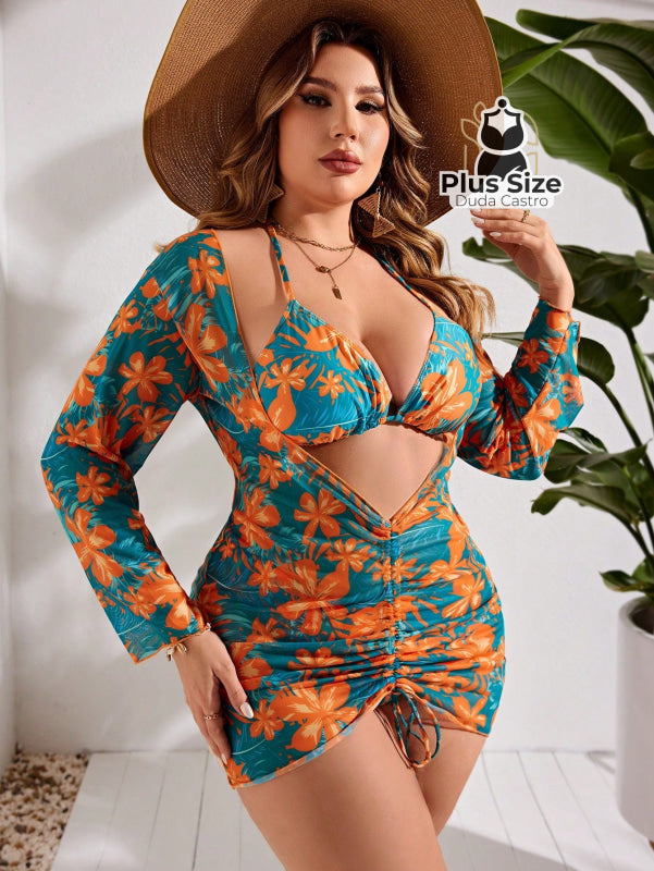 Biquini Tipo Cortininha Com Estampa Floral E Saída De Praia