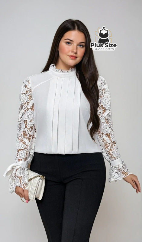 Blusa Elegante Plus Size com Gola Alta Manga 100% Rendada Várias Cores G / Branco Blusa Elegante Plus Size com Gola