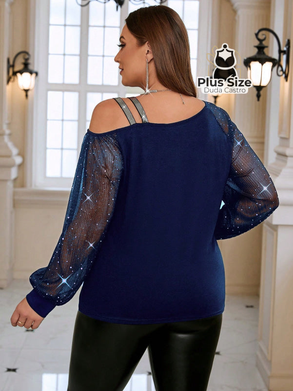 Blusa Manga Longa Com Brilho E Decote Assimétrico Plus Size