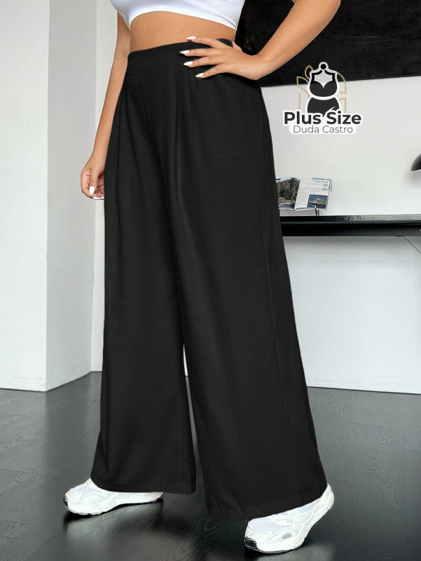 Calça Cintura Alta e Pernas Largas Lisa Várias Cores Plus Size Calça Cintura Alta e Pernas Largas Lisa Várias Cores