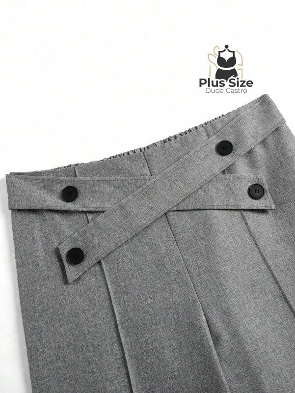 Calça Perna Larga Cintura Alta com Detalhe de Botões Várias Cores Plus Size Calça Perna Larga Cintura Alta com Detalhe