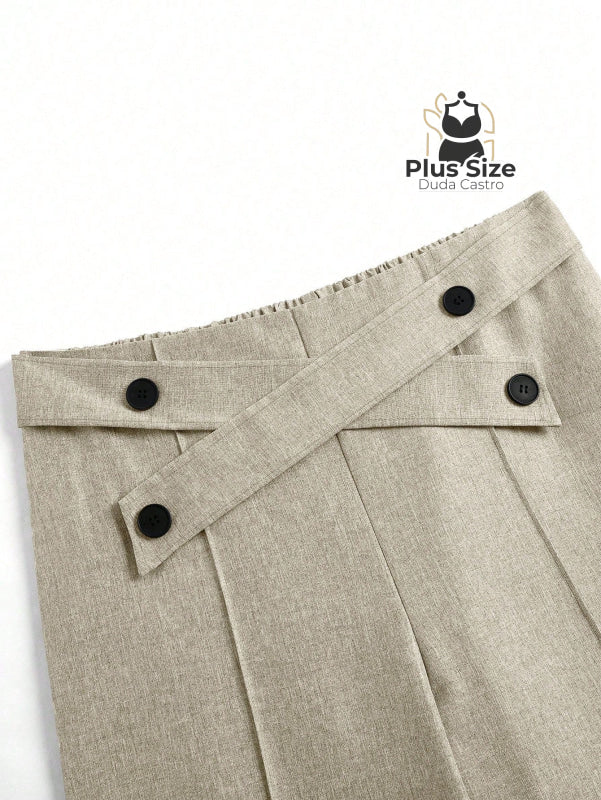 Calça Perna Larga Cintura Alta com Detalhe de Botões Várias Cores Plus Size Calça Perna Larga Cintura Alta com Detalhe