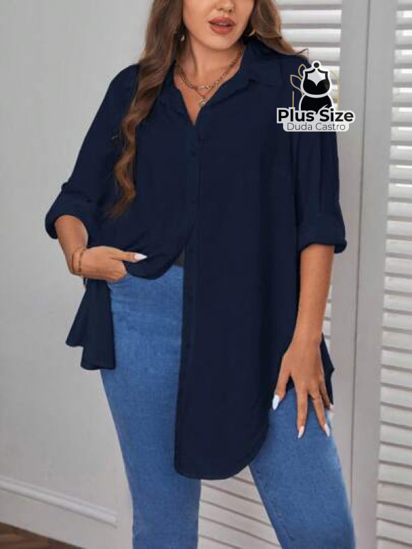 Camisa Longa De Botões Com Manga Ajustável Várias Cores Plus Size Blusa