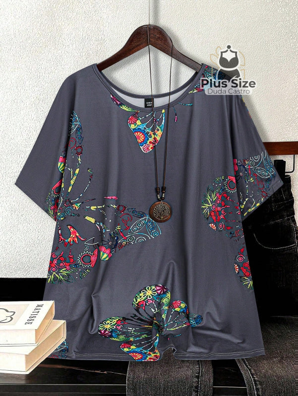 Camiseta Solta Com Borboletas Plus Size G / Cinza Blusa