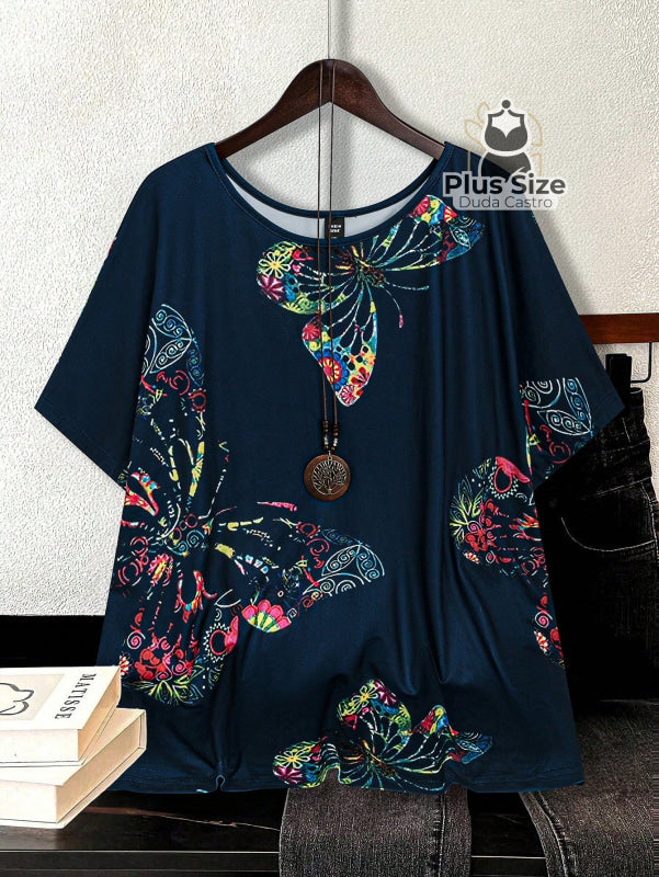 Camiseta Solta Com Borboletas Plus Size G / Azul Royal Blusa