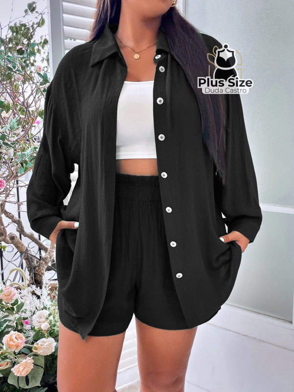 Conjunto De Blusa Botão E Short Várias Cores Plus Size