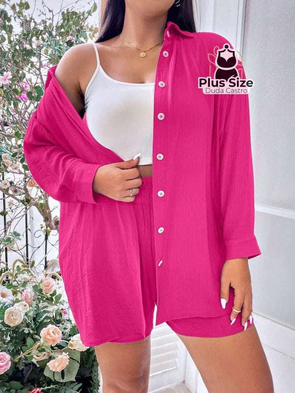 Conjunto De Blusa Botão E Short Várias Cores Plus Size
