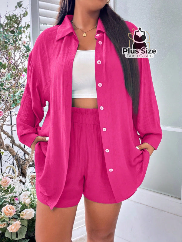 Conjunto De Blusa Botão E Short Várias Cores Plus Size