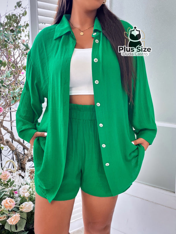 Conjunto De Blusa Botão E Short Várias Cores Plus Size G / Verde