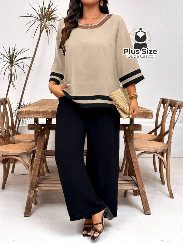 Conjunto de Calça e Blusa Redonda com Detalhes em Contraste Plus Size Conjunto de Calça e Blusa Redonda com Detalhes em