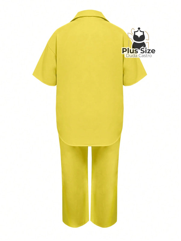 Conjunto de Calça Larga com Gola de Lapela e Calça de Perna Larga com Bolso Plus Size Conjunto de Calça Larga com Gola