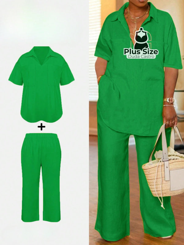 Conjunto de Calça Larga com Gola de Lapela e Calça de Perna Larga com Bolso Plus Size Conjunto de Calça Larga com Gola