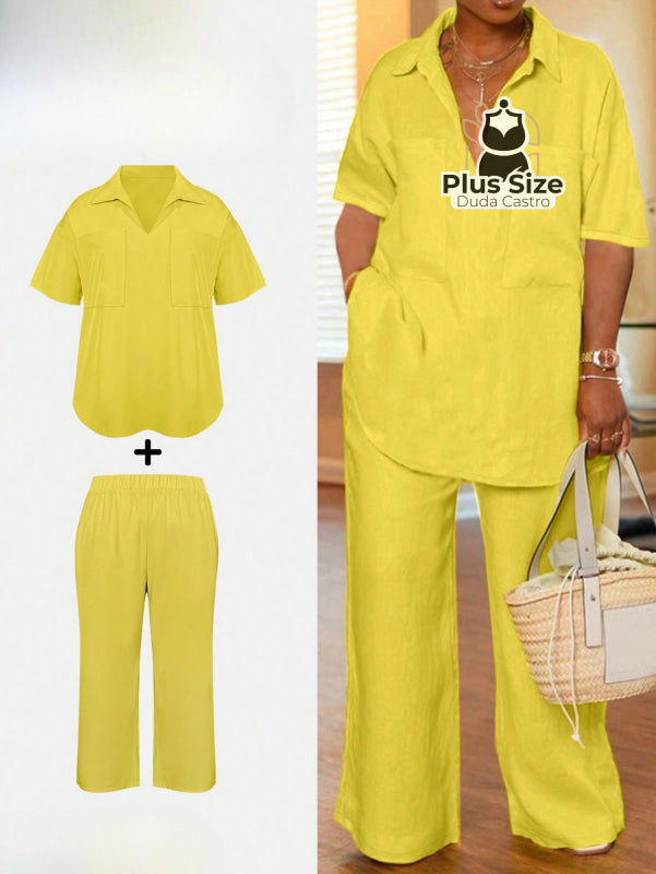 Conjunto de Calça Larga com Gola de Lapela e Calça de Perna Larga com Bolso Plus Size Conjunto de Calça Larga com Gola