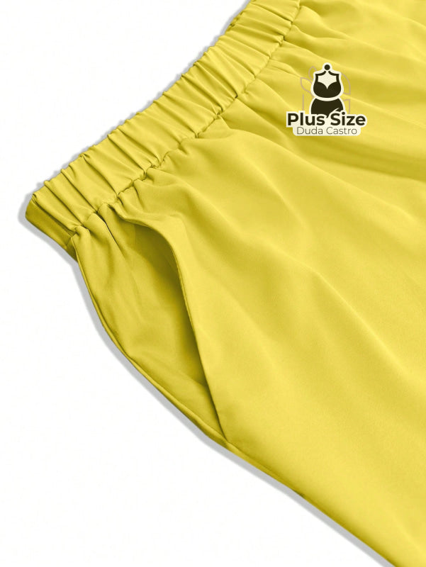 Conjunto de Calça Larga com Gola de Lapela e Calça de Perna Larga com Bolso Plus Size Conjunto de Calça Larga com Gola