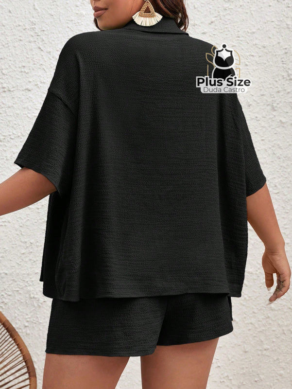 Conjunto De Camisa De Manga Curta Lisa E Shorts Várias Cores Plus Size