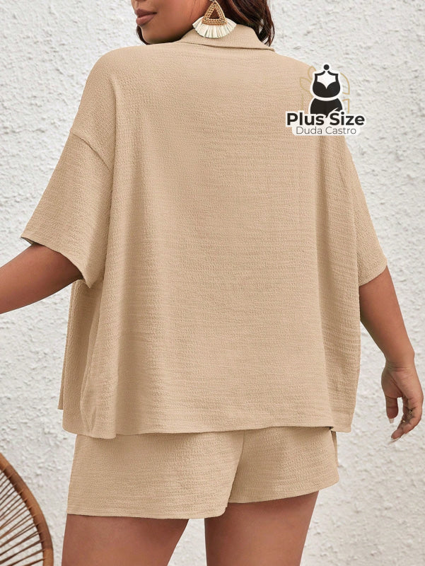 Conjunto De Camisa De Manga Curta Lisa E Shorts Várias Cores Plus Size
