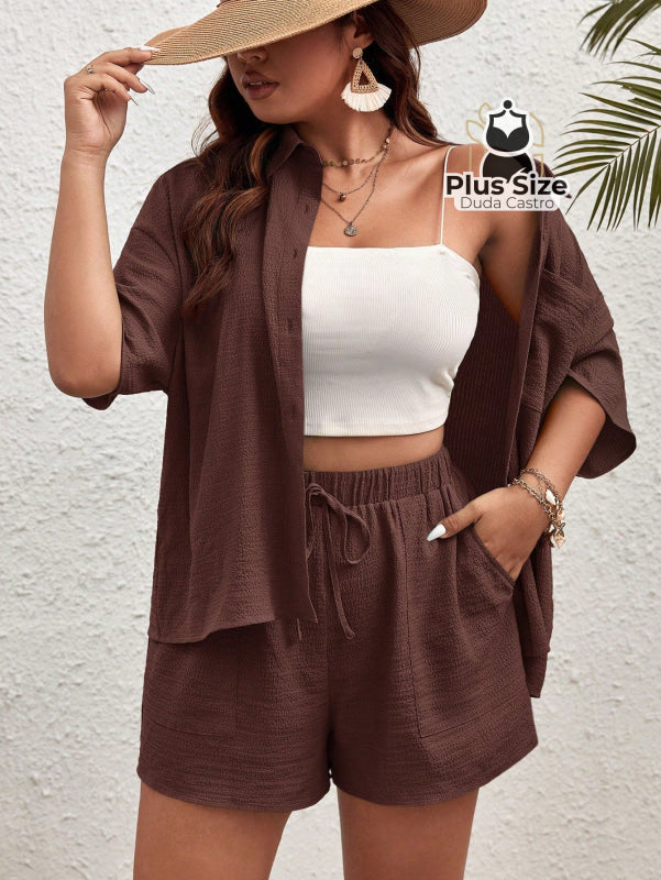 Conjunto De Camisa De Manga Curta Lisa E Shorts Várias Cores Plus Size