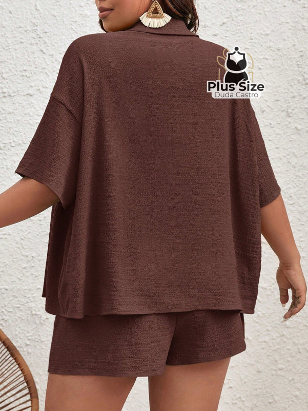 Conjunto De Camisa De Manga Curta Lisa E Shorts Várias Cores Plus Size