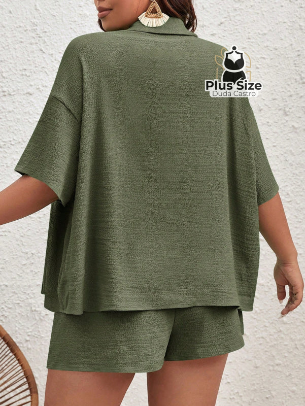 Conjunto De Camisa De Manga Curta Lisa E Shorts Várias Cores Plus Size