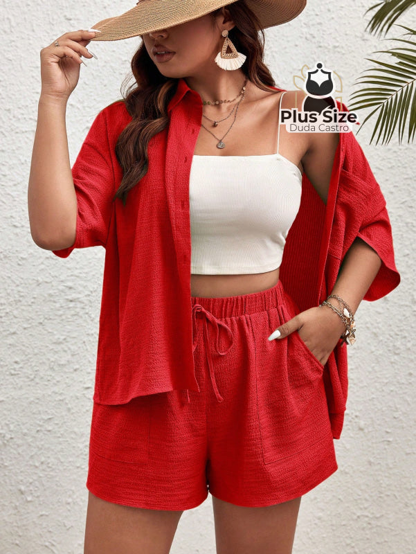 Conjunto De Camisa De Manga Curta Lisa E Shorts Várias Cores Plus Size