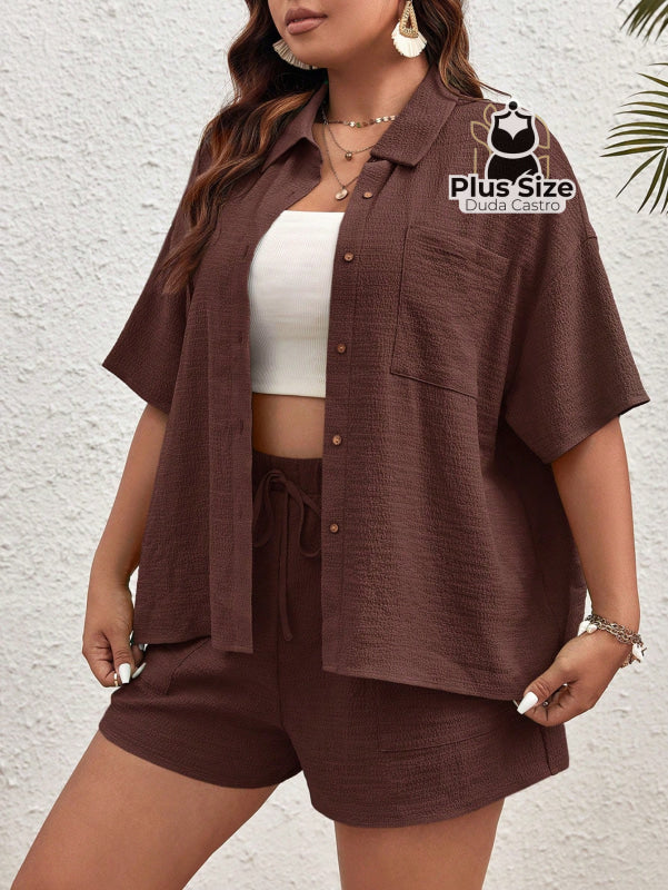 Conjunto De Camisa De Manga Curta Lisa E Shorts Várias Cores Plus Size