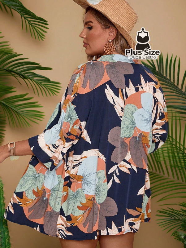 Conjunto De Kimono Estampado E Short Plus Size