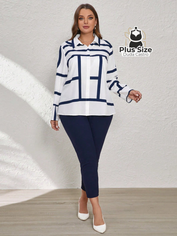 Conjunto de Legging e Blusa de Botões com Estampa Geométrica Plus Size Conjunto de Legging e Blusa de Botões com