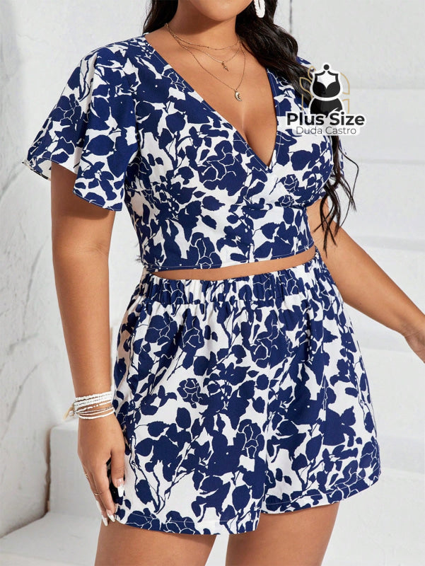 Conjunto De Short E Cropped Florido Azul Plus Size Colorido