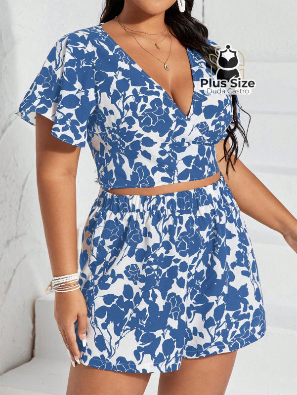 Conjunto De Short E Cropped Florido Azul Plus Size G / Claro Colorido