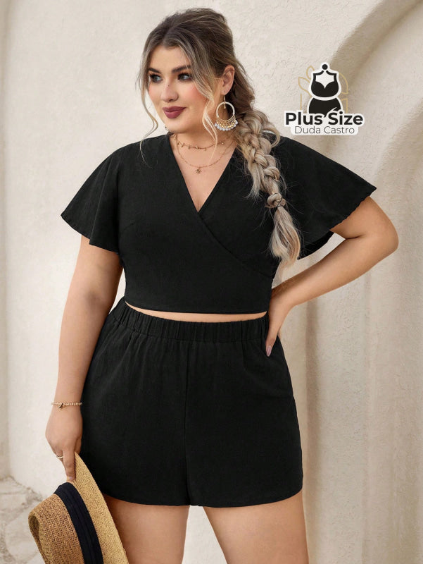 Conjunto De Short E Cropped Preto Plus Size Colorido