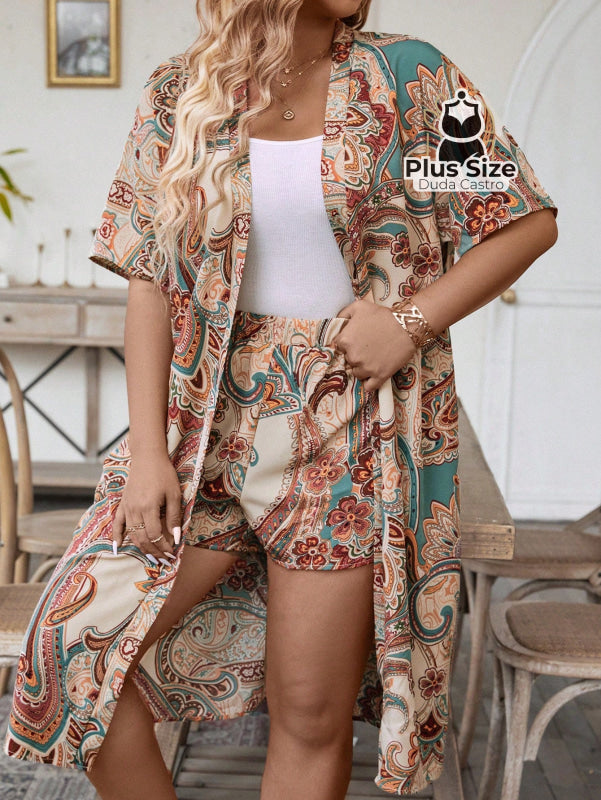 Conjunto Kimono Longo De Manga Curta Com Estampa Exclusiva E Short Plus Size