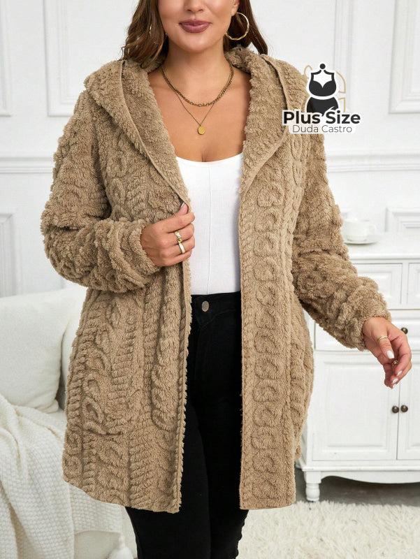 Jaqueta Acolchoada e Forrada com Capuz e Bolsos Plus Size para Inverno Jaqueta Acolchoada e Forrada com Capuz e Bolsos