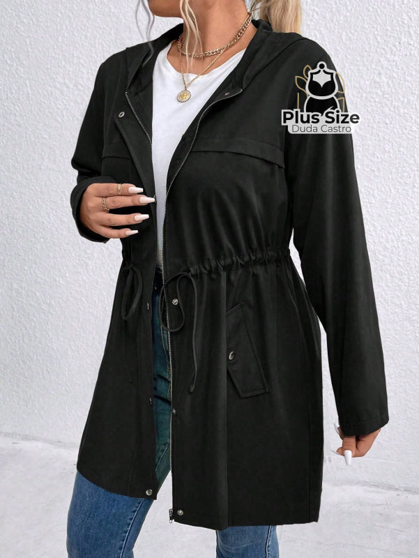 Jaqueta com Capuz Botões Cinto Várias Cores Plus Size Jaqueta com Capuz Botões Cinto Várias Cores Plus Size