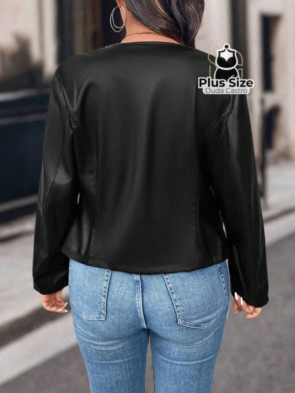 Jaqueta Feminina Plus Size em Couro PU – Poder Estilo e Atitude em Cada Zíper Jaqueta Feminina Plus Size em Couro PU –