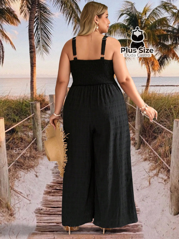 Macacão Sem Mangas Solto com Recorte Frontal Estampado Plus Size Estilo Boho Macacão Sem Mangas Solto com Recorte