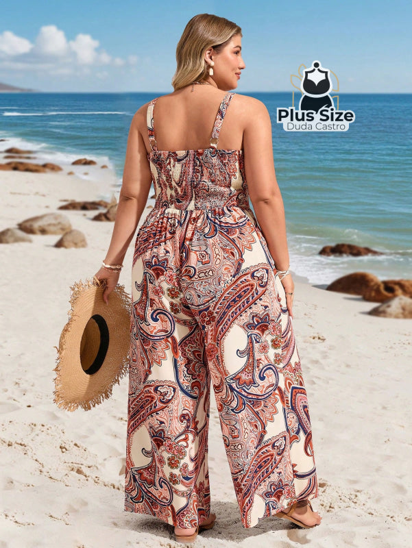 Macacão Sem Mangas Solto com Recorte Frontal Estampado Plus Size Estilo Boho Macacão Sem Mangas Solto com Recorte
