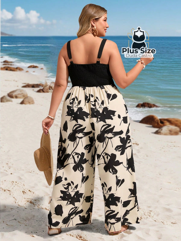 Macacão Sem Mangas Solto com Recorte Frontal Estampado Plus Size Estilo Boho Macacão Sem Mangas Solto com Recorte