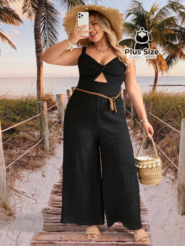 Macacão Sem Mangas Solto com Recorte Frontal Estampado Plus Size Estilo Boho Macacão Sem Mangas Solto com Recorte
