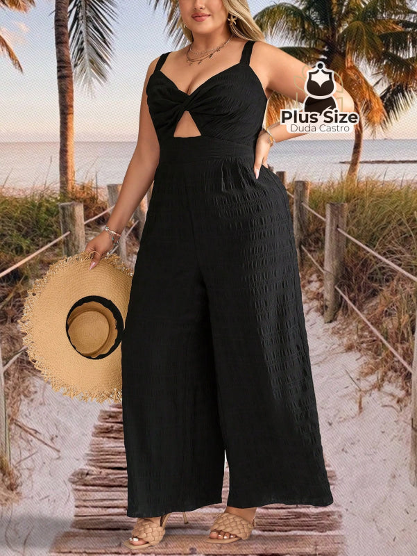 Macacão Sem Mangas Solto com Recorte Frontal Estampado Plus Size Estilo Boho Macacão Sem Mangas Solto com Recorte