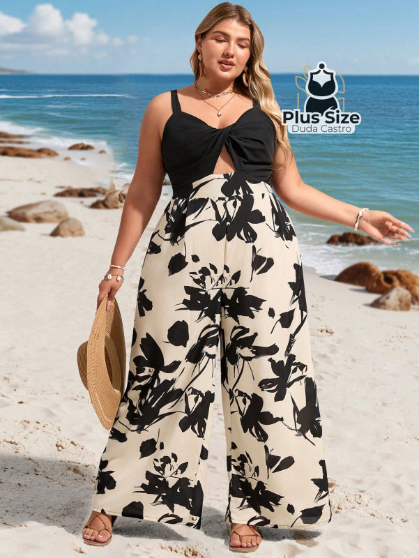 Macacão Sem Mangas Solto com Recorte Frontal Estampado Plus Size Estilo Boho Macacão Sem Mangas Solto com Recorte