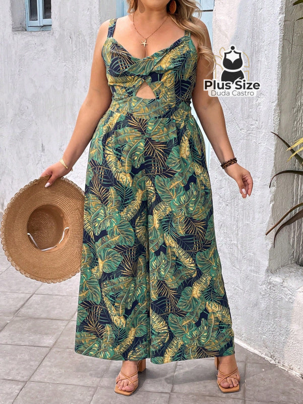 Macacão Sem Mangas Solto com Recorte Frontal Estampado Plus Size Estilo Boho Macacão Sem Mangas Solto com Recorte
