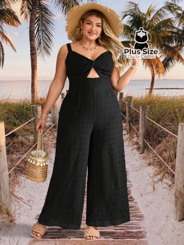 Macacão Sem Mangas Solto com Recorte Frontal Estampado Plus Size Estilo Boho Macacão Sem Mangas Solto com Recorte