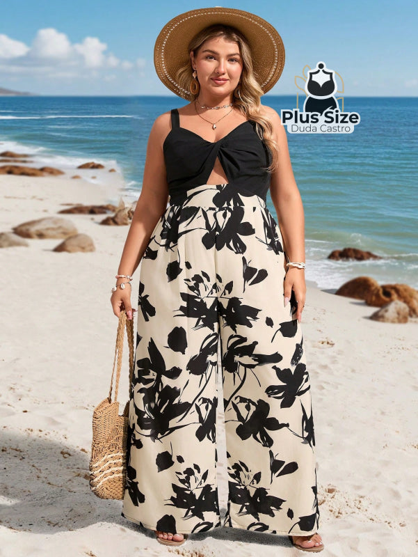 Macacão Sem Mangas Solto com Recorte Frontal Estampado Plus Size Estilo Boho Macacão Sem Mangas Solto com Recorte