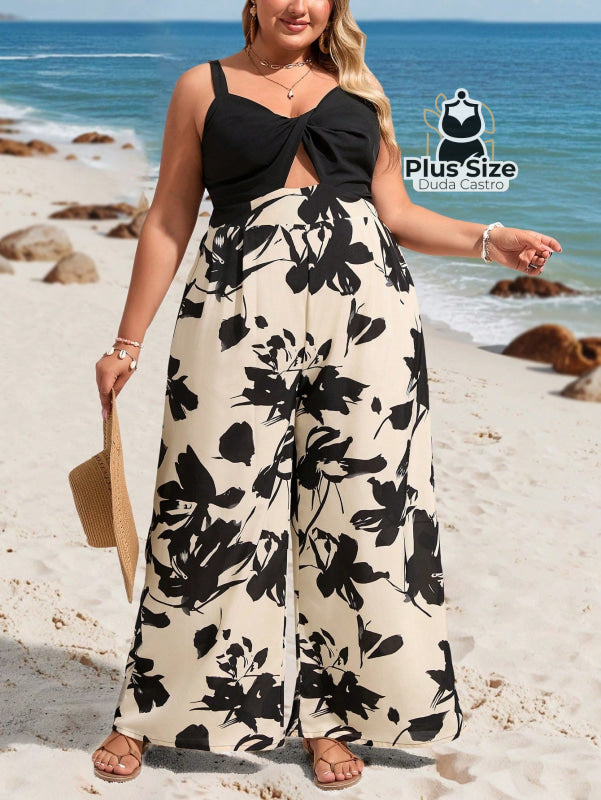 Macacão Sem Mangas Solto com Recorte Frontal Estampado Plus Size Estilo Boho Macacão Sem Mangas Solto com Recorte