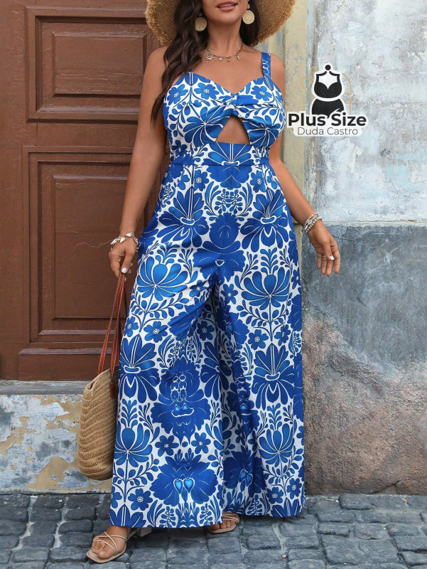 Macacão Sem Mangas Solto com Recorte Frontal Estampado Plus Size Estilo Boho Macacão Sem Mangas Solto com Recorte