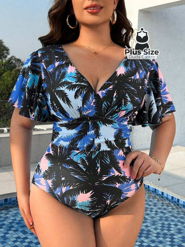 Maiô Plus Size Com Estampa De Coco Manga Curta