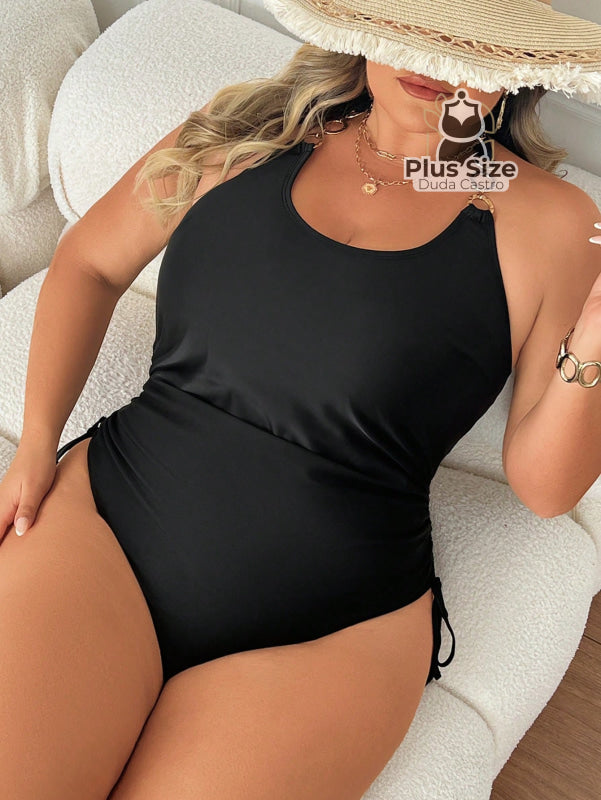 Maiô Plus Size Extra Franzido nas Laterais Liso com detalhe nas alças Maiô Plus Size Extra Franzido nas Laterais Liso