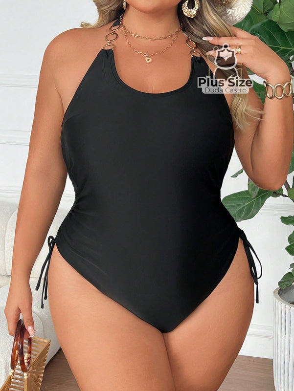 Maiô Plus Size Extra Franzido nas Laterais Liso com detalhe nas alças Maiô Plus Size Extra Franzido nas Laterais Liso