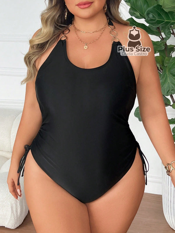 Maiô Plus Size Extra Franzido nas Laterais Liso com detalhe nas alças G5 Maiô Plus Size Extra Franzido nas Laterais