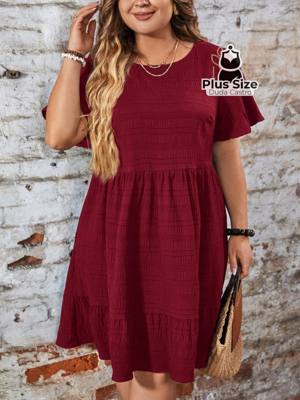 Vestido Com Bainha Ruffle Gola Redonda Liso Várias Cores Plus Size